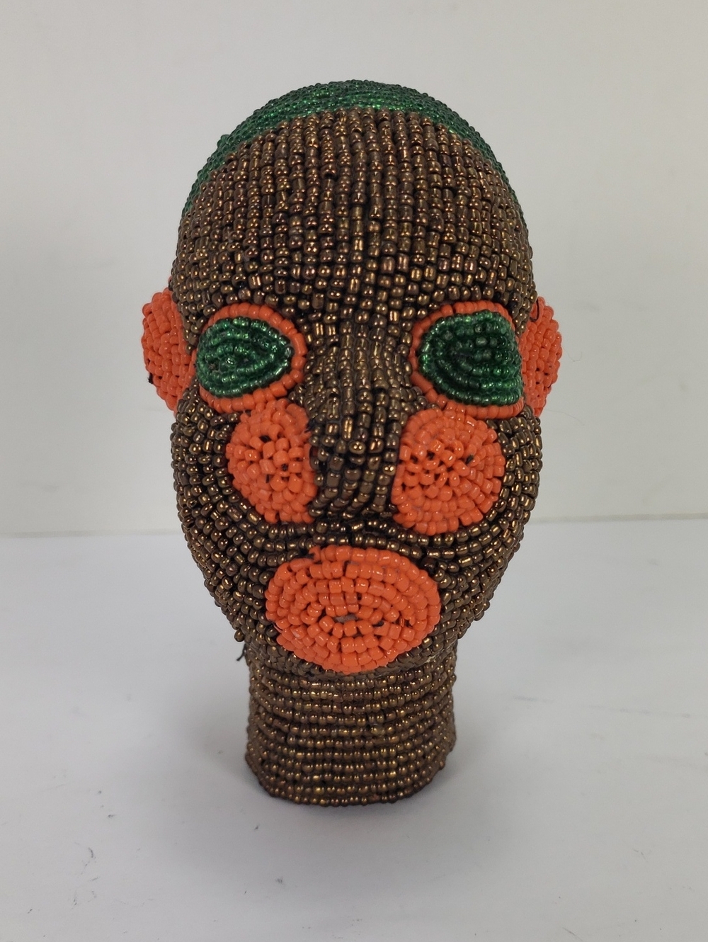 AFRICAN BEADED HEAD SCULPTURE ART DECOR TERRACOTTA POTTERY  5" TALL